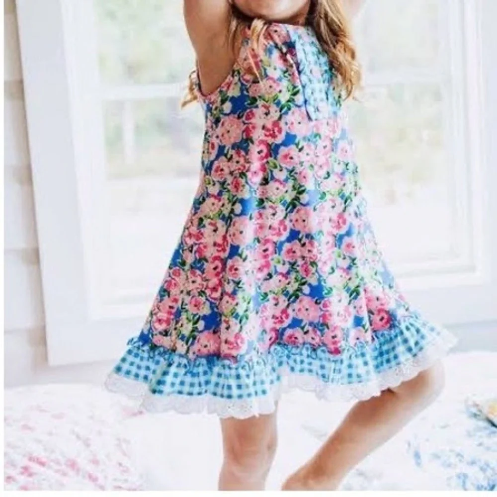 SweetHoney Girls Floral Gingham Ruffle Dress and Bloomers Set Blue Pink Size 12Y